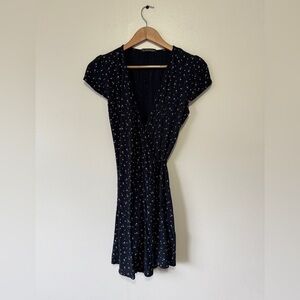 Brany Melville Blue Floral Wrap Robbie Dress with V-Neck and Flutter‎ Sleeves